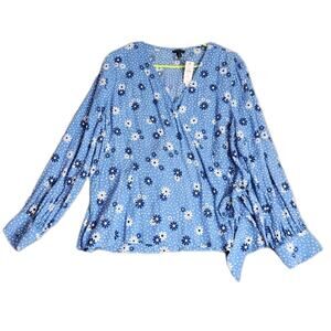 TALBOTS Blouse Womens XLP Daisy Floral Wrap Top Blue Shirt V Neck Tie‎ NWT $89